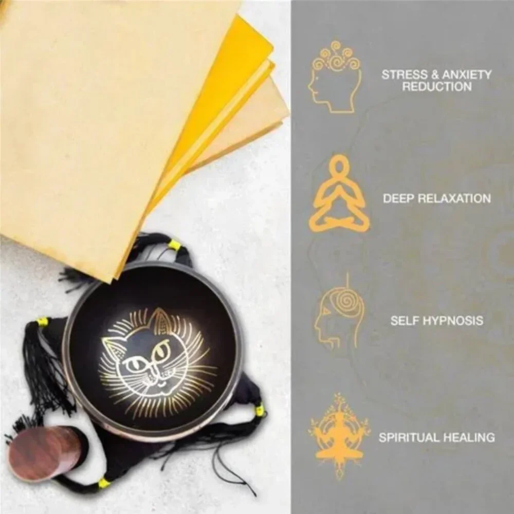 Tibetan Singing bowl Set - Easy To Play Cat Design Meditation Mindful 7 Sound